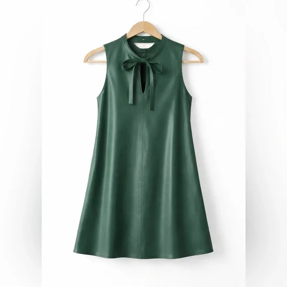 Amanda Uprichard Louie Forest Green Faux Leather Mini Swing Dress - Picture 1 of 10